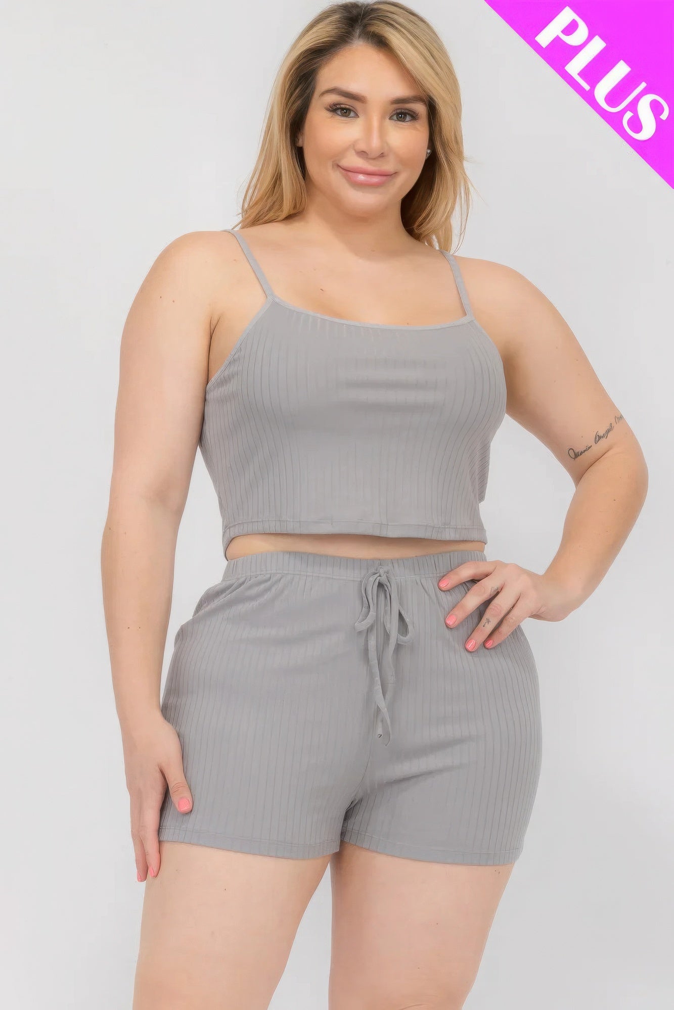 Plus Size Solid Ribbed Cami Top And Shorts Set