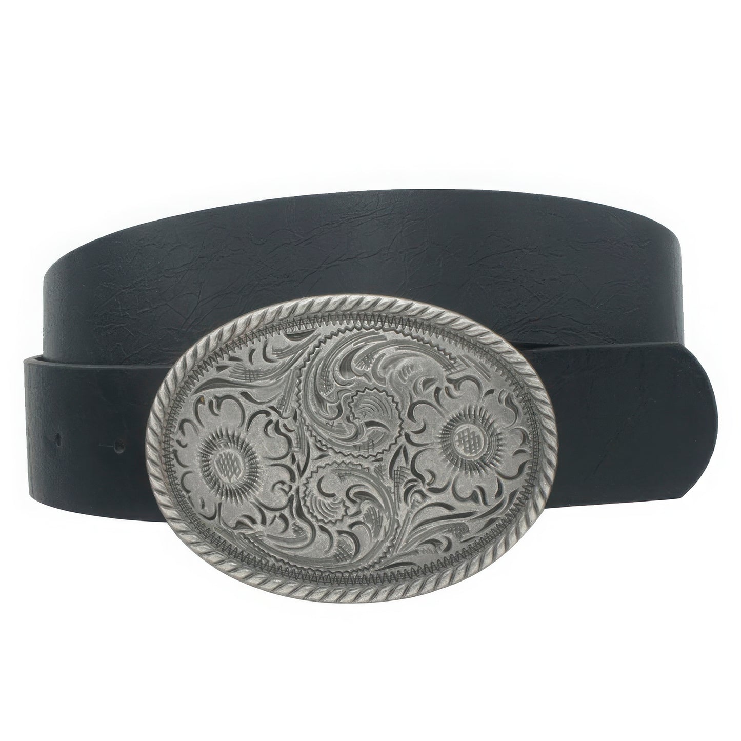 Flower Embossed Oval Buckle Vintage Strap Belt