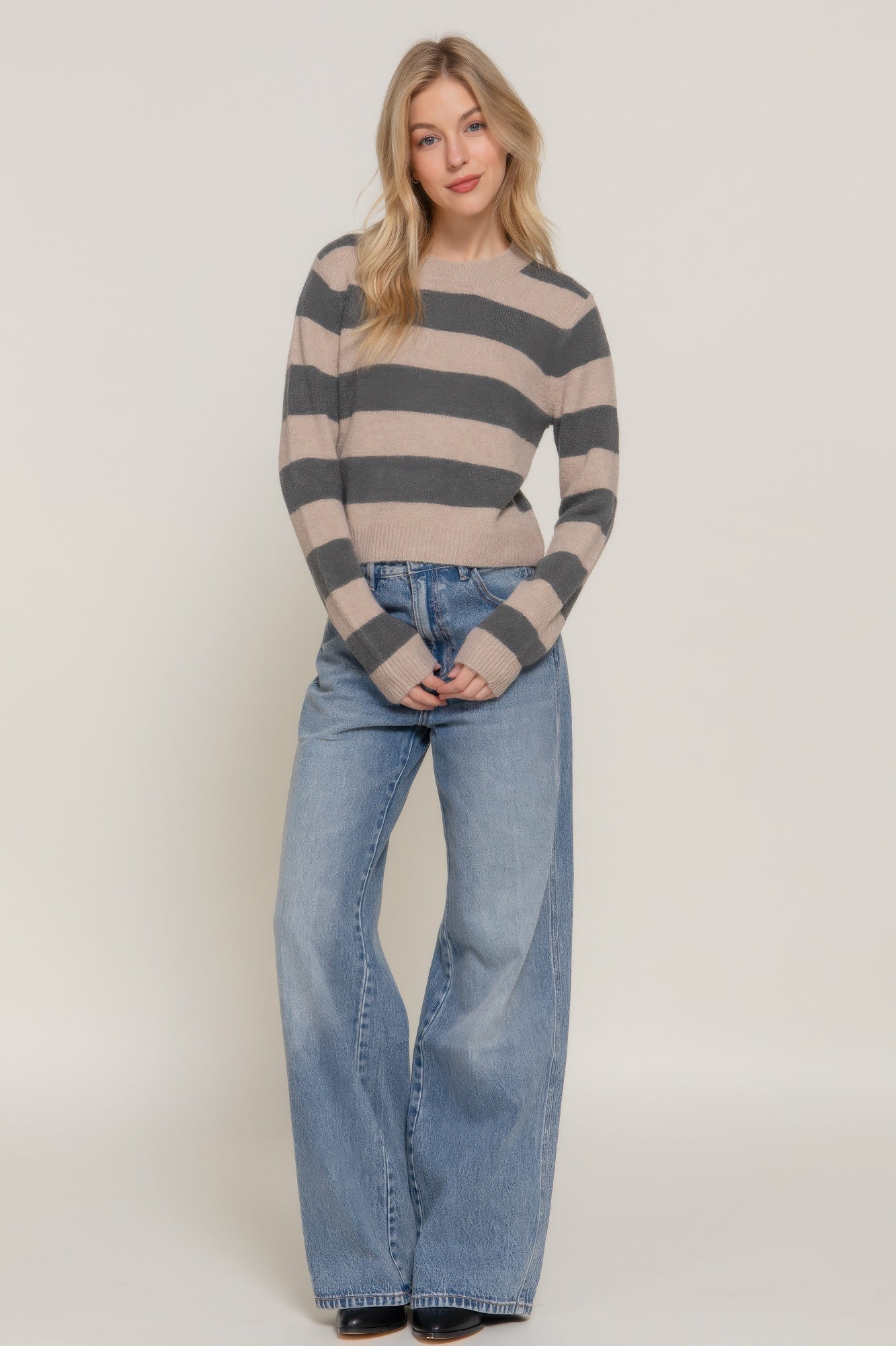 Long Slv Crew Neck Stripe Sweater