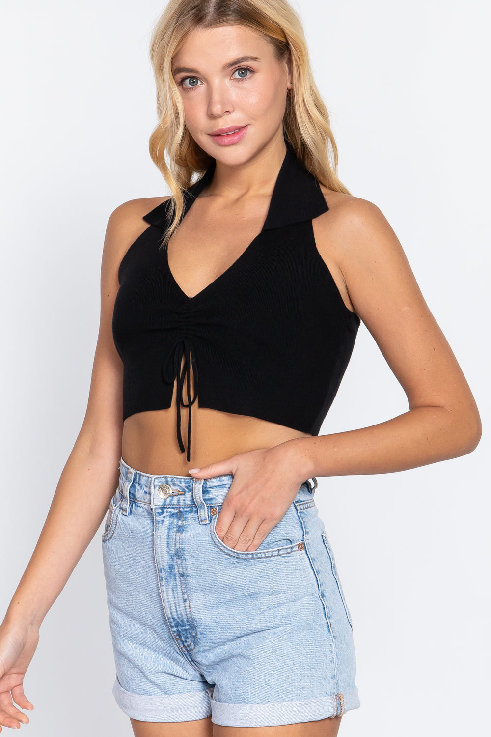 Halter Ruched Crop Sweater Knit Top