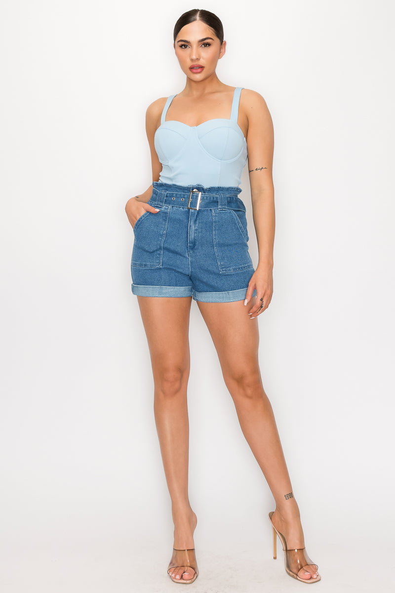 Belted Paperbag Denim Shorts