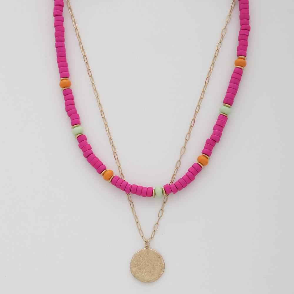 Coin Wood Bead Layered Necklace