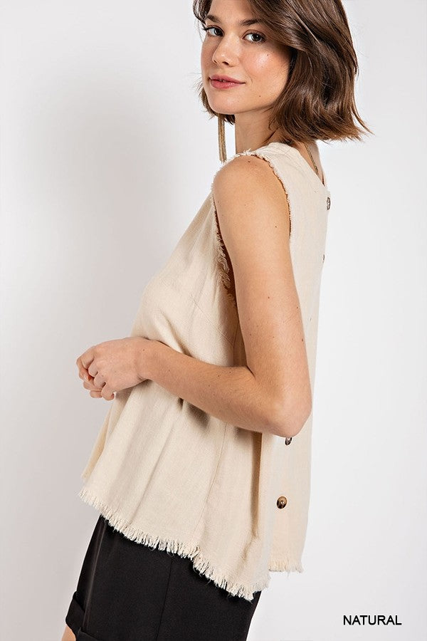 Sleeveless back button closure frayed top