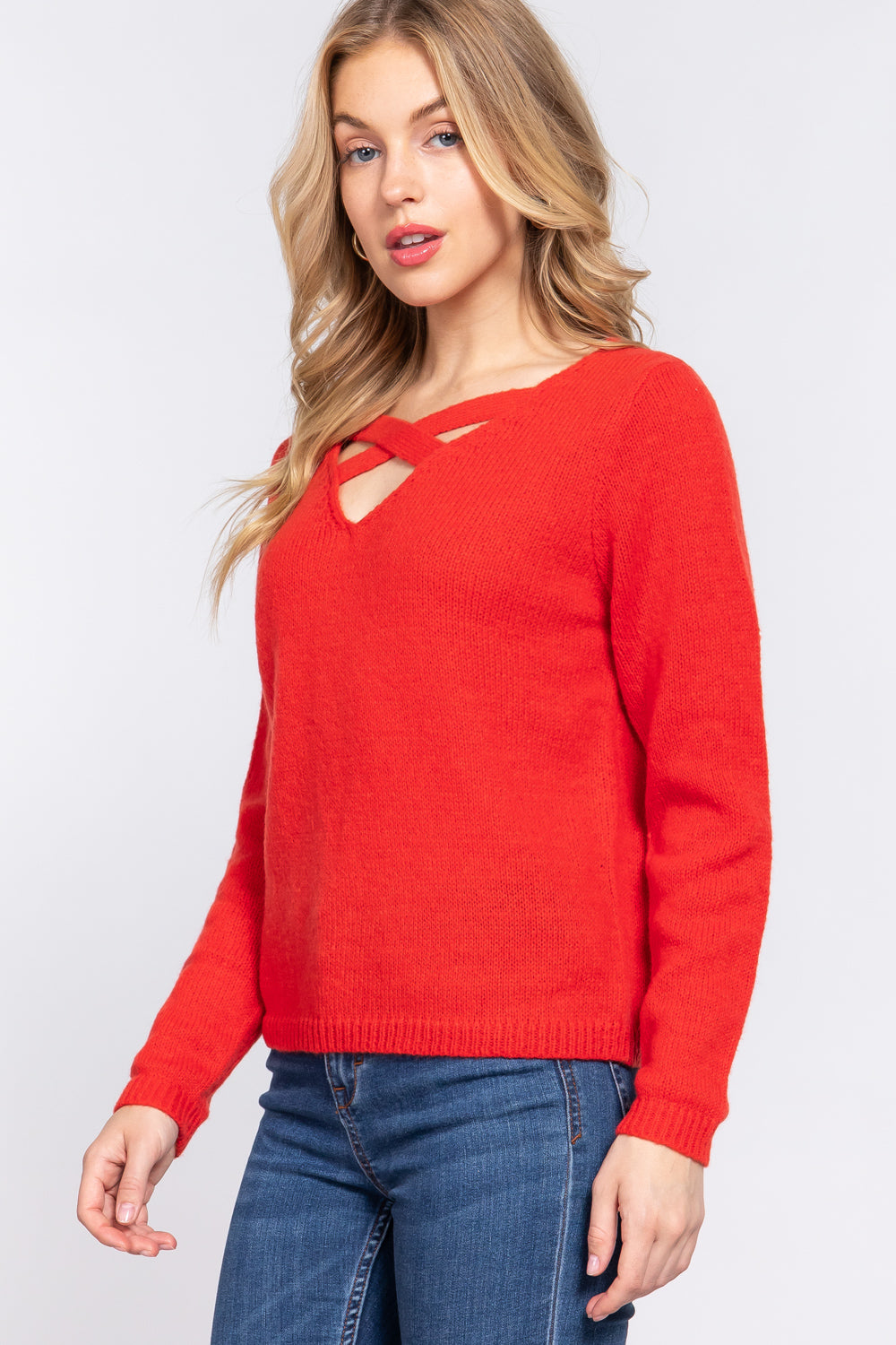 Long Slv X Strap V-neck Sweater