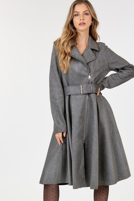 Waist Belt Tacked Faux Suede Coat Solid Coat