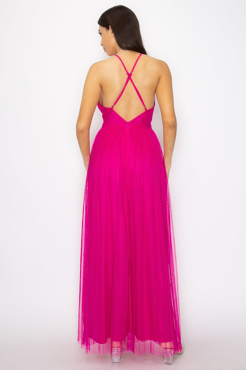 Pleated Mesh Slit Maxi Dress