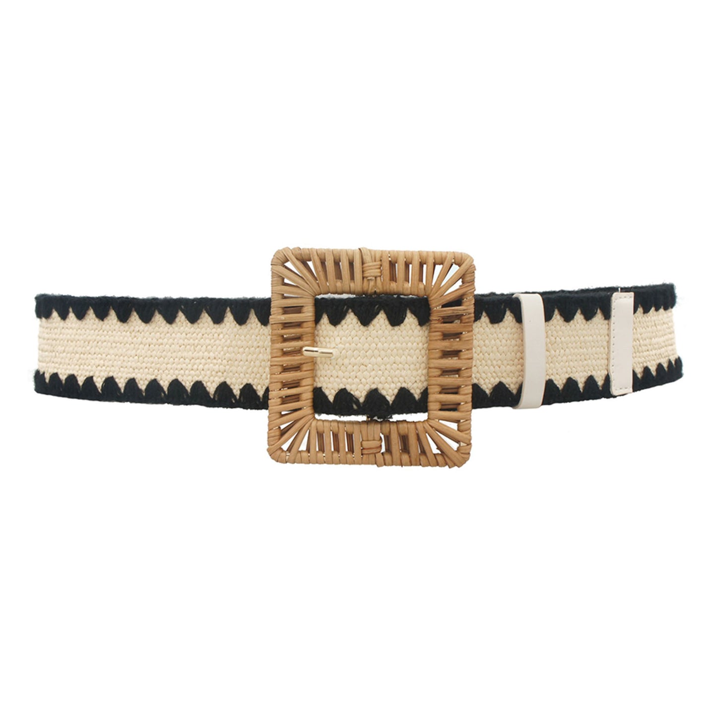 Rectangle Rattan Buckle Crochet Trim Straw Belt