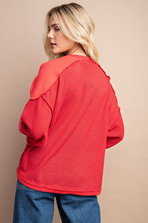 Waffle Knit And Fleece Contrast Henley Top With Button Front