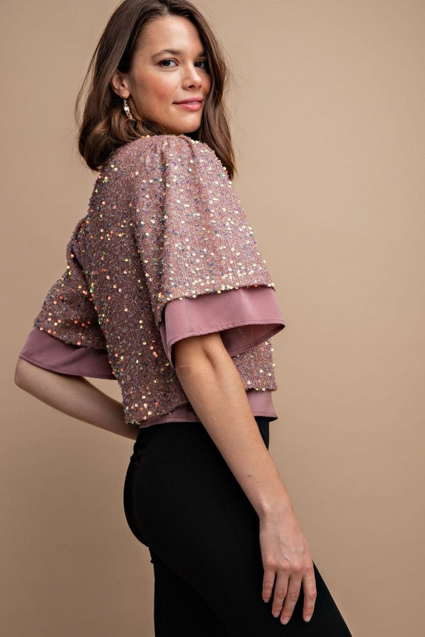 Sequined Short Sleeve Top With Back Zipper