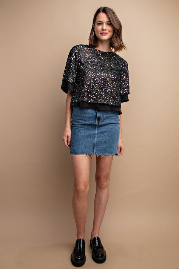 Sequined Short Sleeve Top With Back Zipper