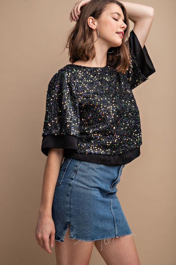 Sequined Short Sleeve Top With Back Zipper