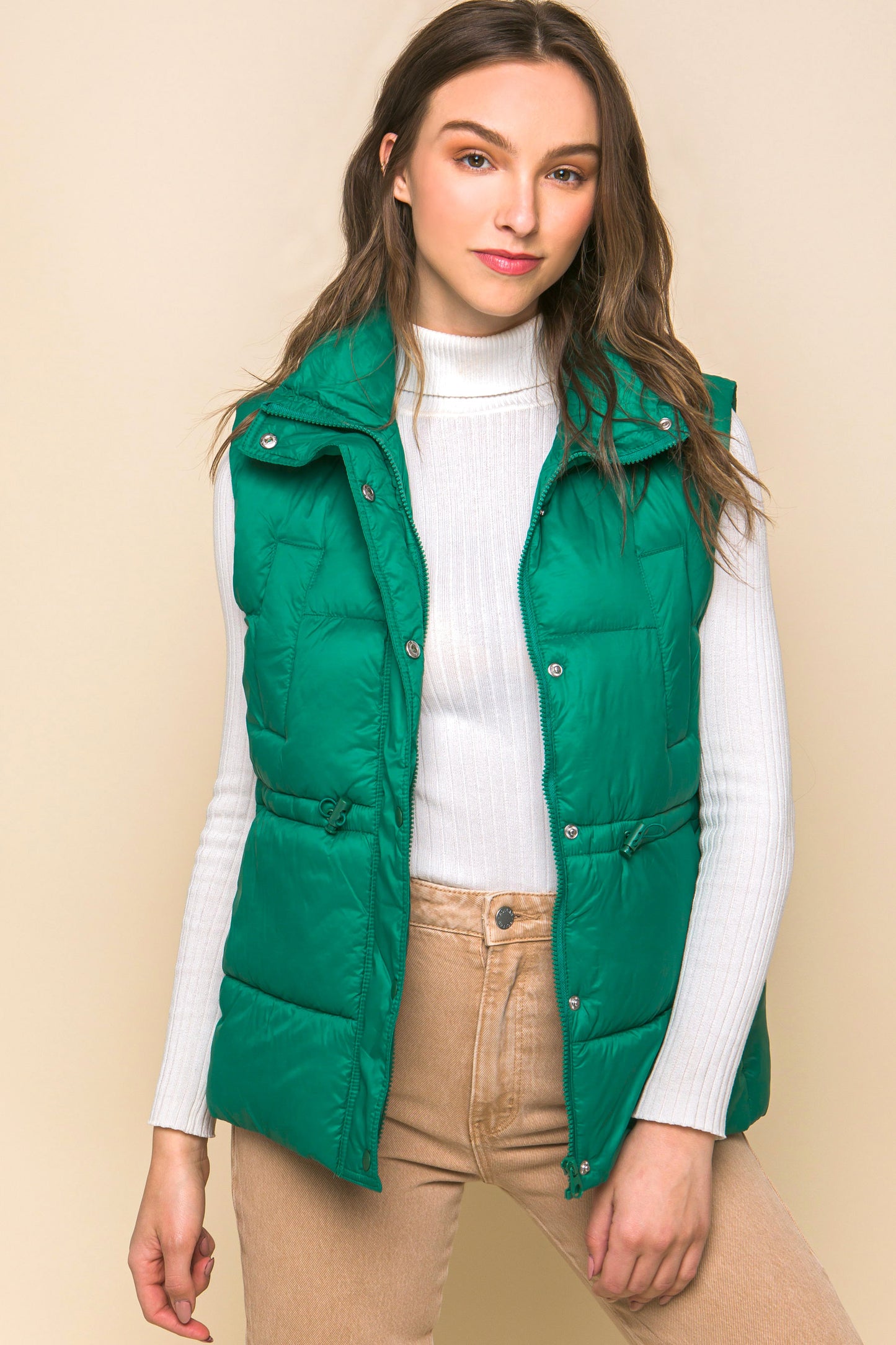 Zip Up Button Puffer Vest With Waist Toggles