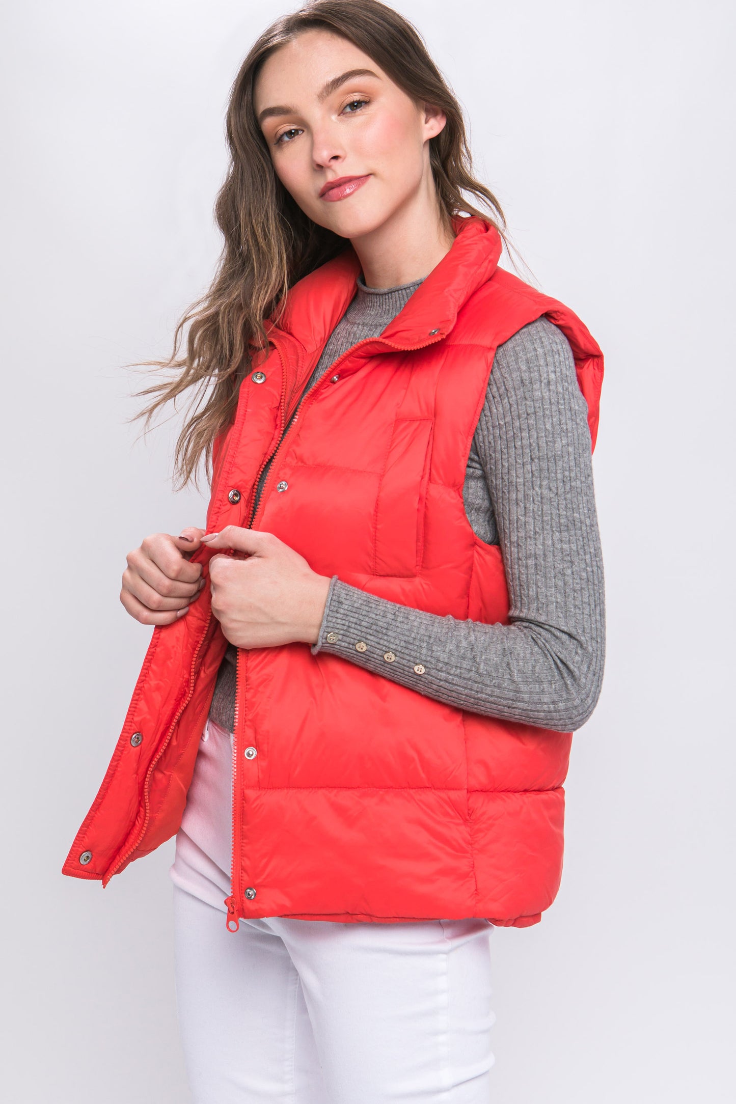 Zip Up Button Puffer Vest With Waist Toggles