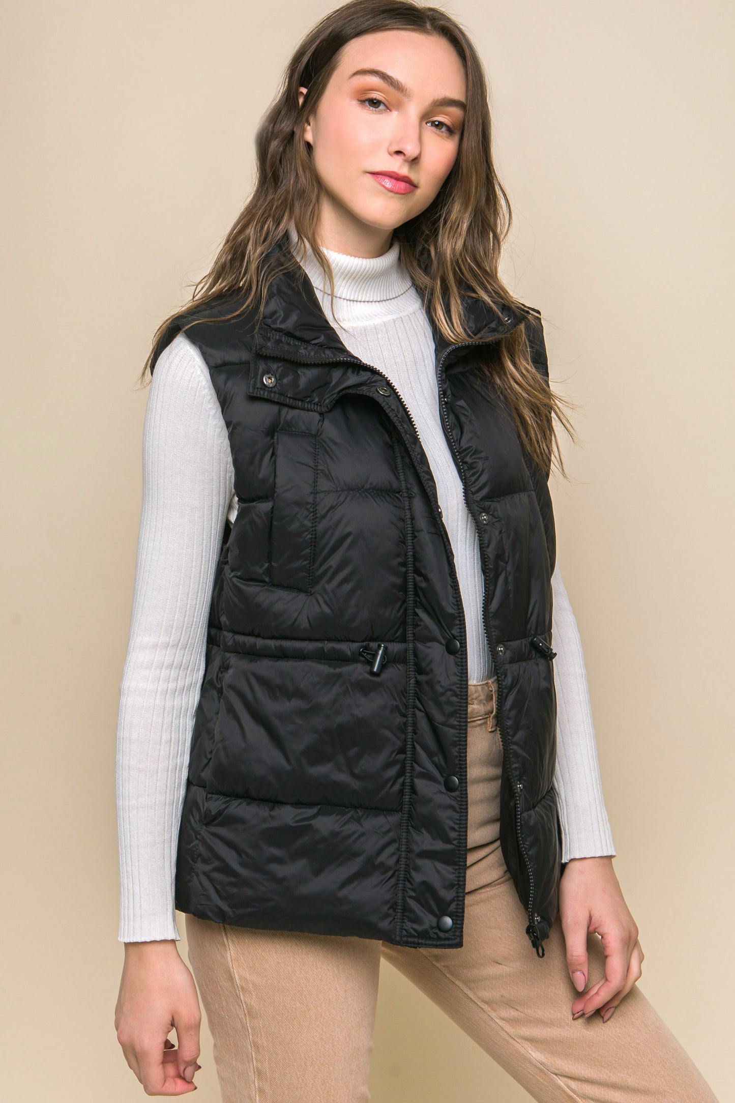 Zip Up Button Puffer Vest With Waist Toggles