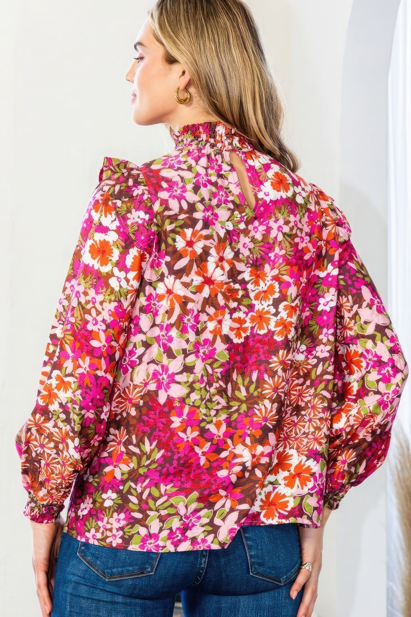 Floral Mock Neck Smocked Yoke Blouse