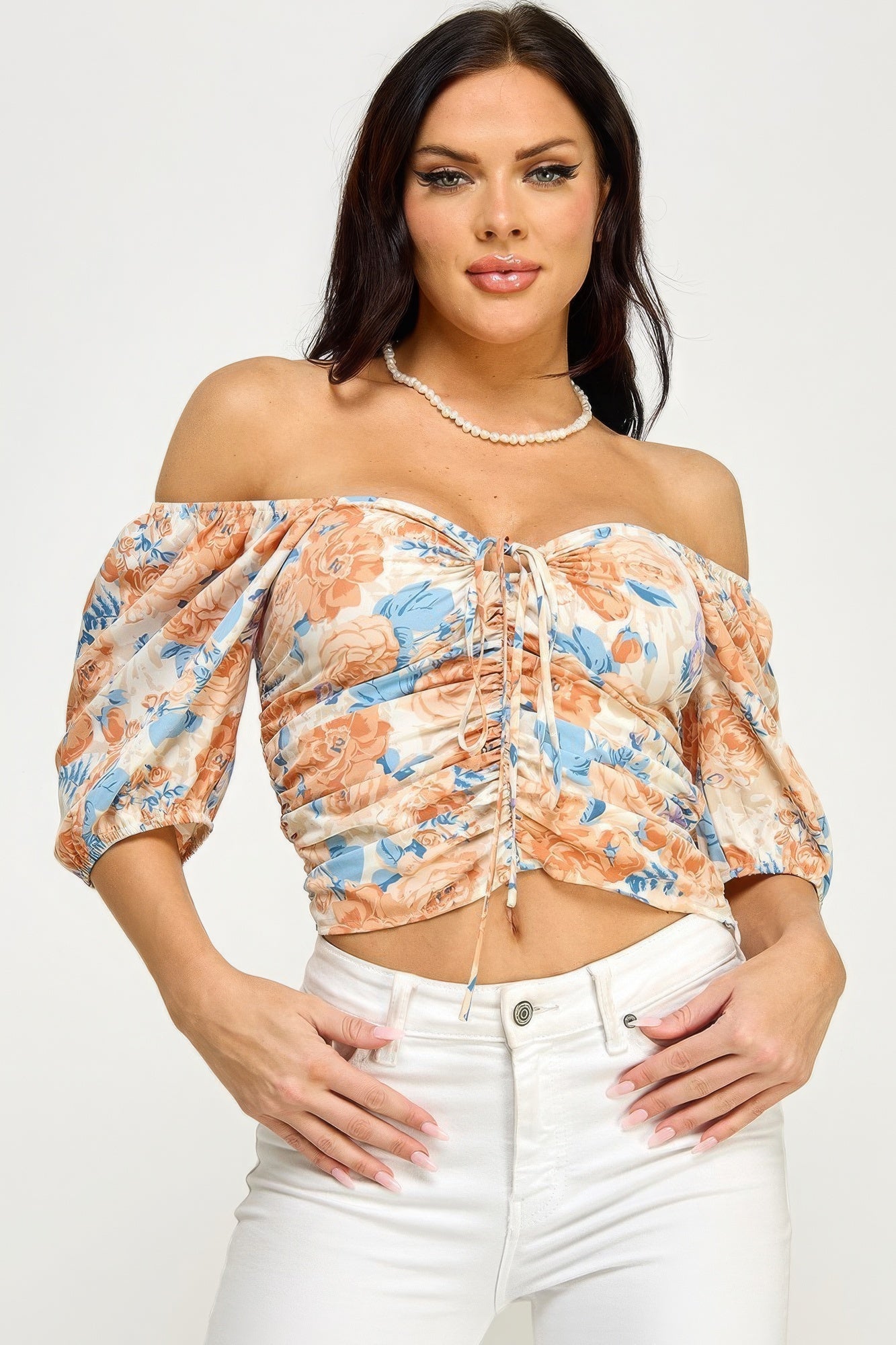 Floral Print Lace Up Ruched Crop Top