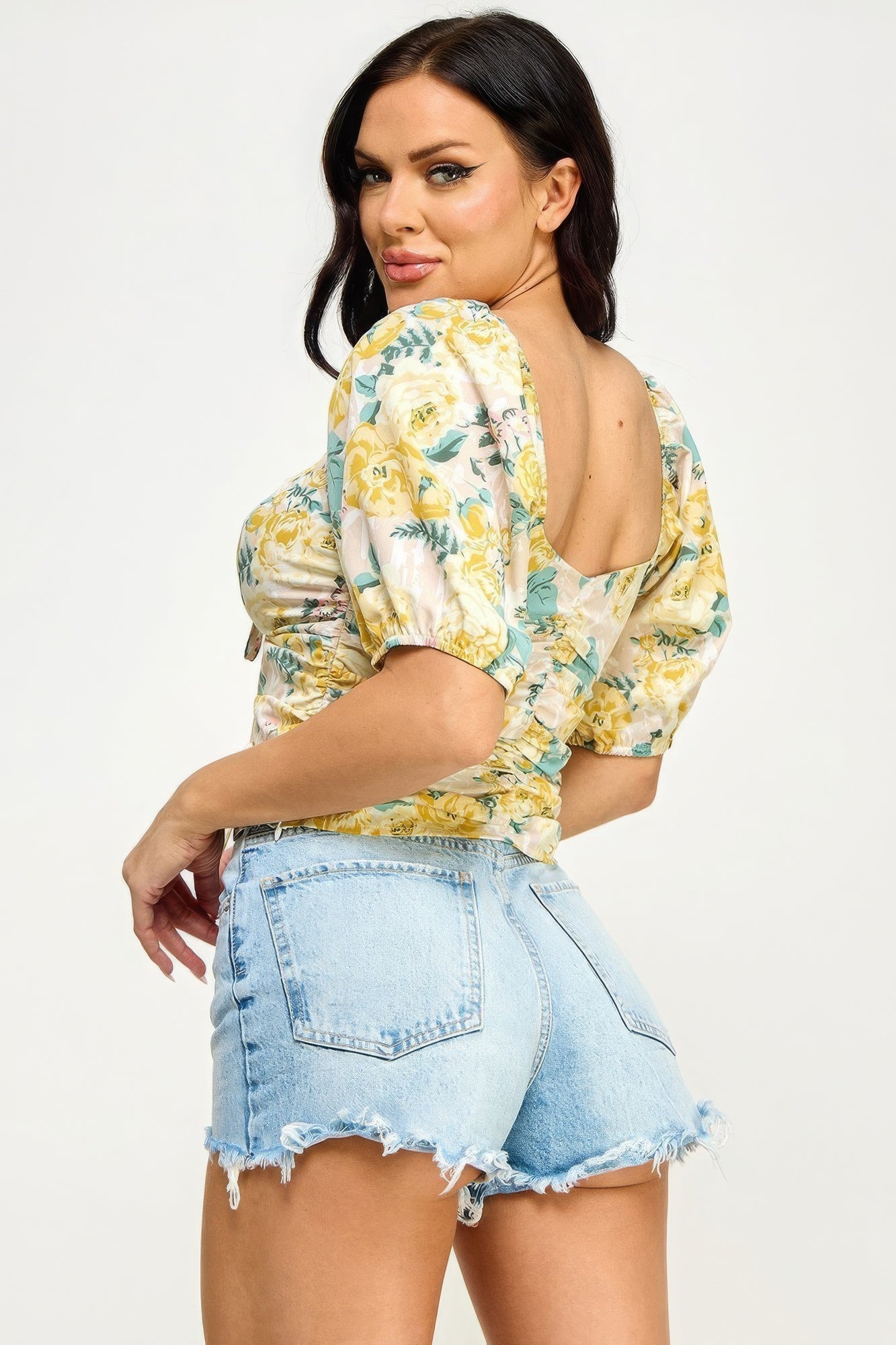 Floral Print Lace Up Ruched Crop Top